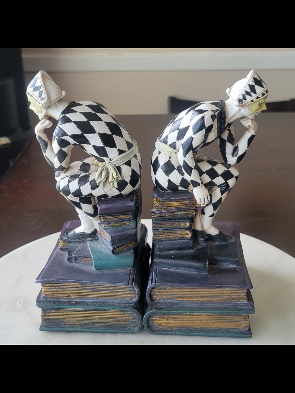 Harlequin Clown Bookend Pair in Black & White